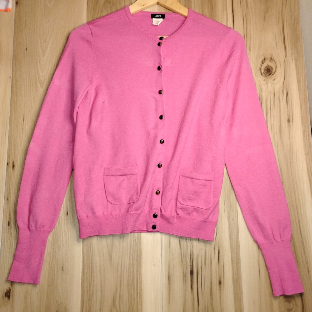 VNTG J Crew MERINO WOOL Cardigan Sweater Pockets Fancy Buttons Candy Pink Sz M